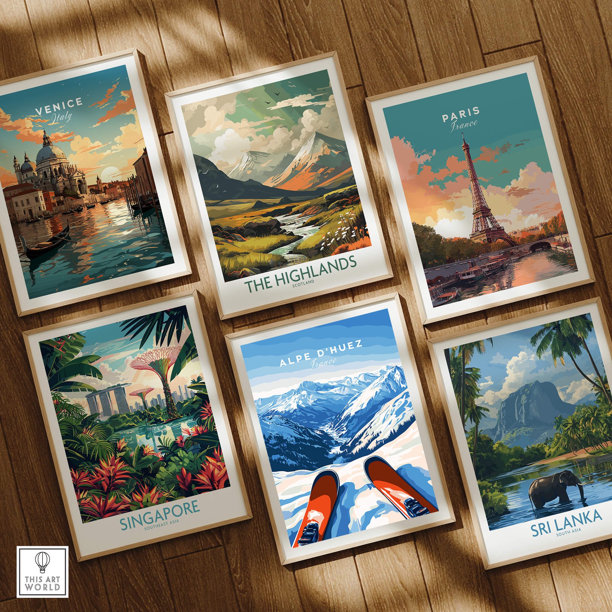 Alpe d'Huez Wall Art featuring a beautiful snowy mountain landscape alongside other iconic travel destinations.