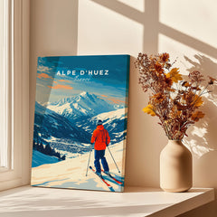 Alpe d'Huez Wall Art Ski Print featuring a skier against a snowy mountain backdrop.