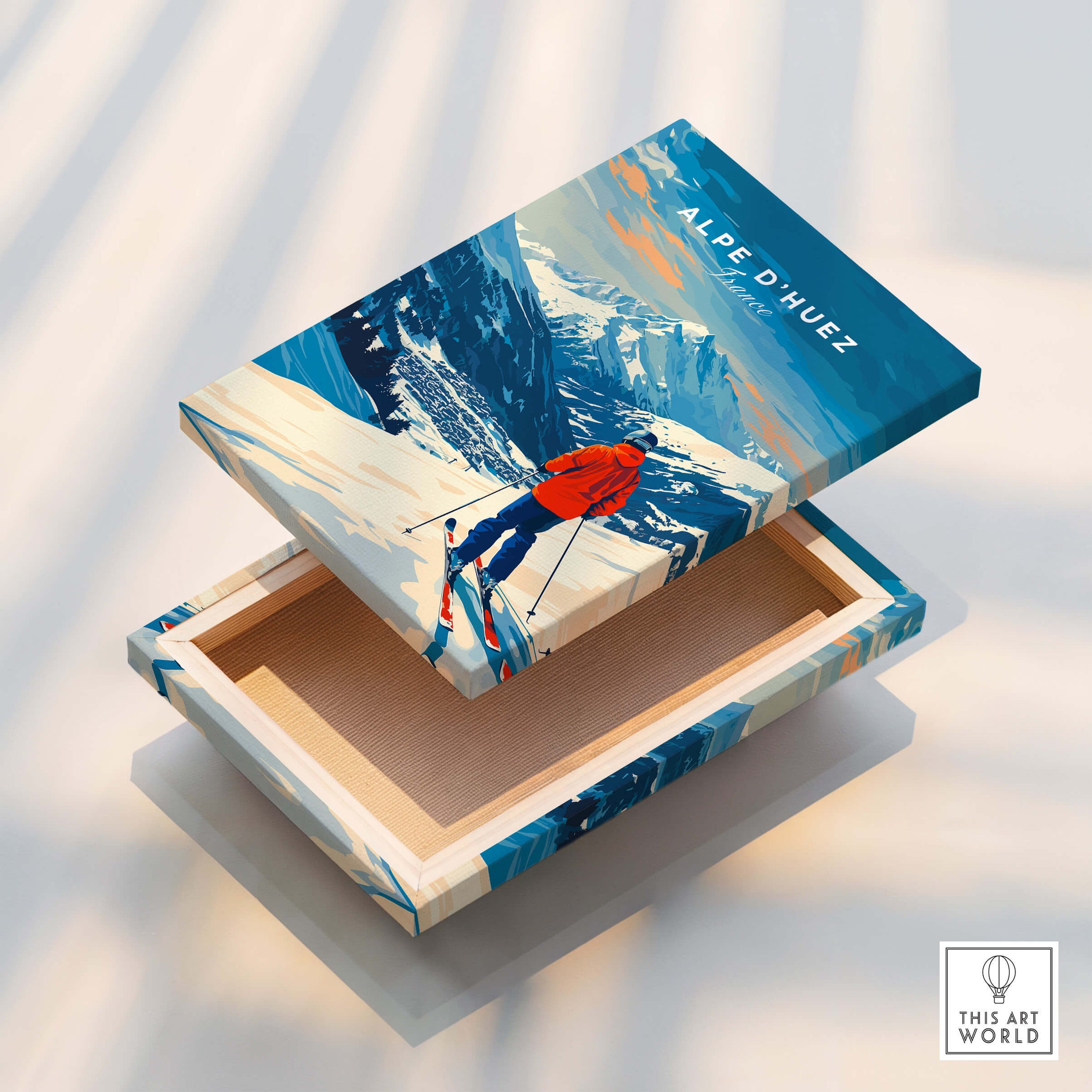 Alpe d'Huez Wall Art Ski Print featuring a vibrant box design of a skier in stunning mountain scenery.
