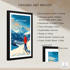 Alpe d'Huez Wall Art Ski Print showcasing a framed mountain landscape with skier, vibrant colors, and premium quality materials.