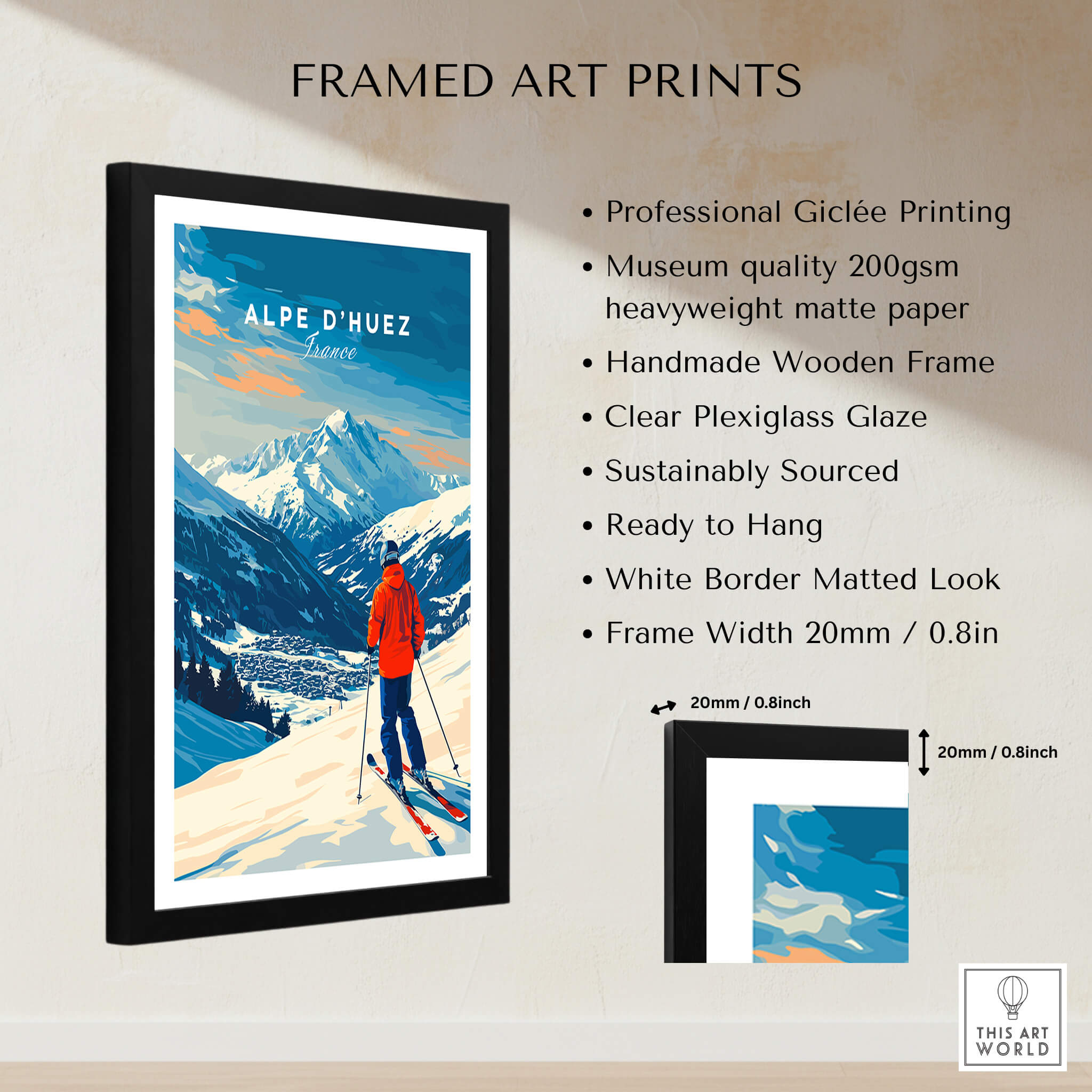 Alpe d'Huez Wall Art Ski Print showcasing a framed mountain landscape with skier, vibrant colors, and premium quality materials.