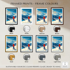 Alpe d'Huez Wall Art Ski Print displayed in various frame colors including black, white, natural, and brown.