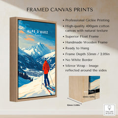 Alpe d'Huez Wall Art Ski Print showcasing a skier against a vibrant mountain backdrop in a framed canvas print.