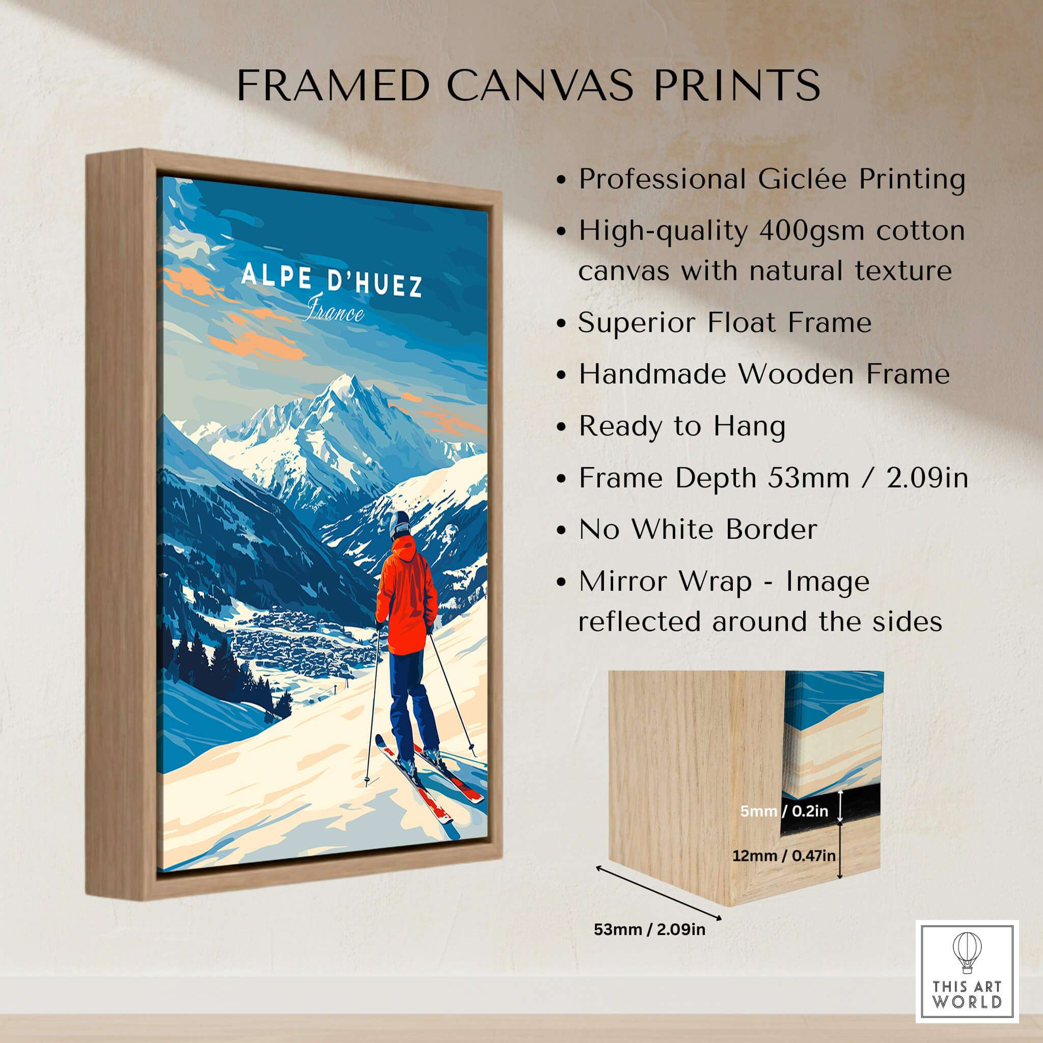 Alpe d'Huez Wall Art Ski Print showcasing a skier against a vibrant mountain backdrop in a framed canvas print.