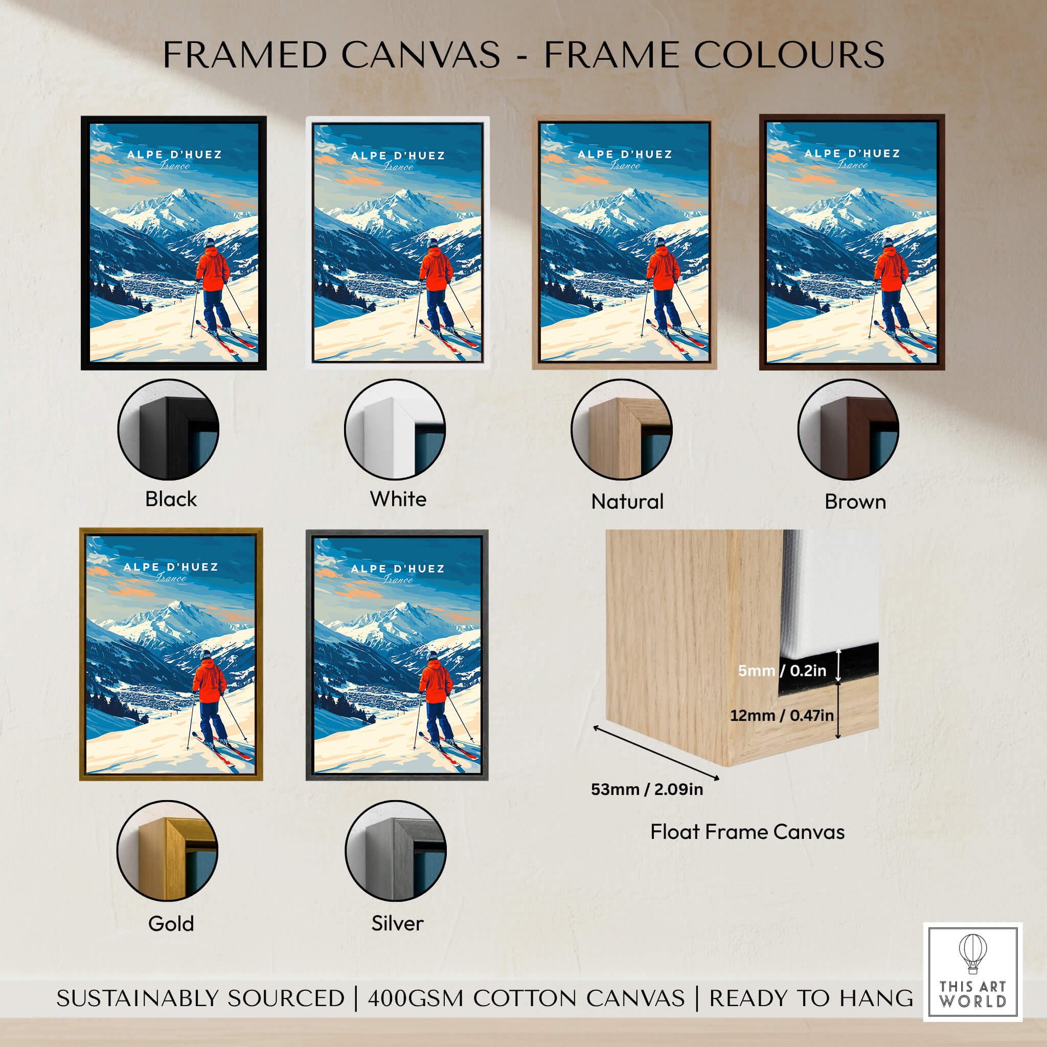 Alpe d'Huez Wall Art Ski Print framed in various colors including black, white, natural, brown, gold, and silver.