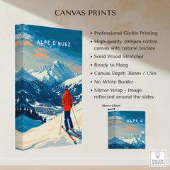 Alpe d'Huez Wall Art Ski Print featuring vibrant mountain scenery and skier on high-quality canvas.