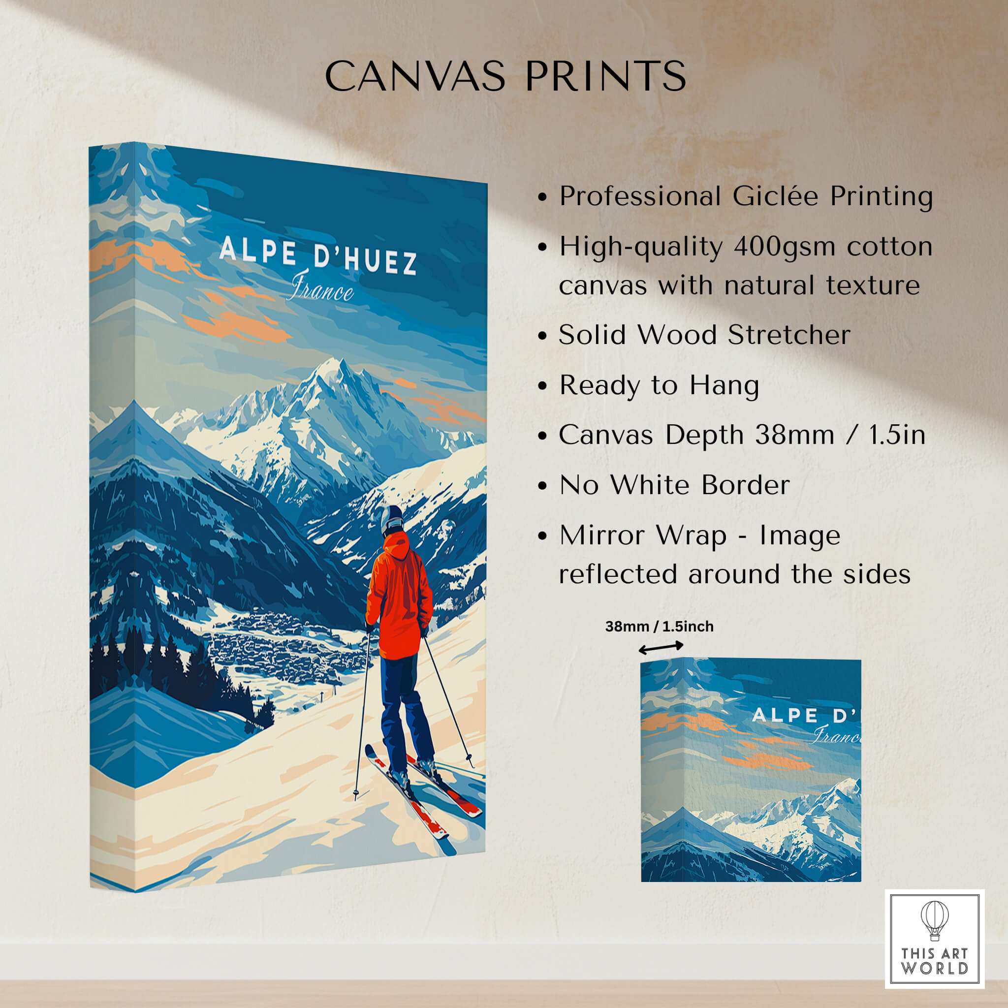 Alpe d'Huez Wall Art Ski Print featuring vibrant mountain scenery and skier on high-quality canvas.