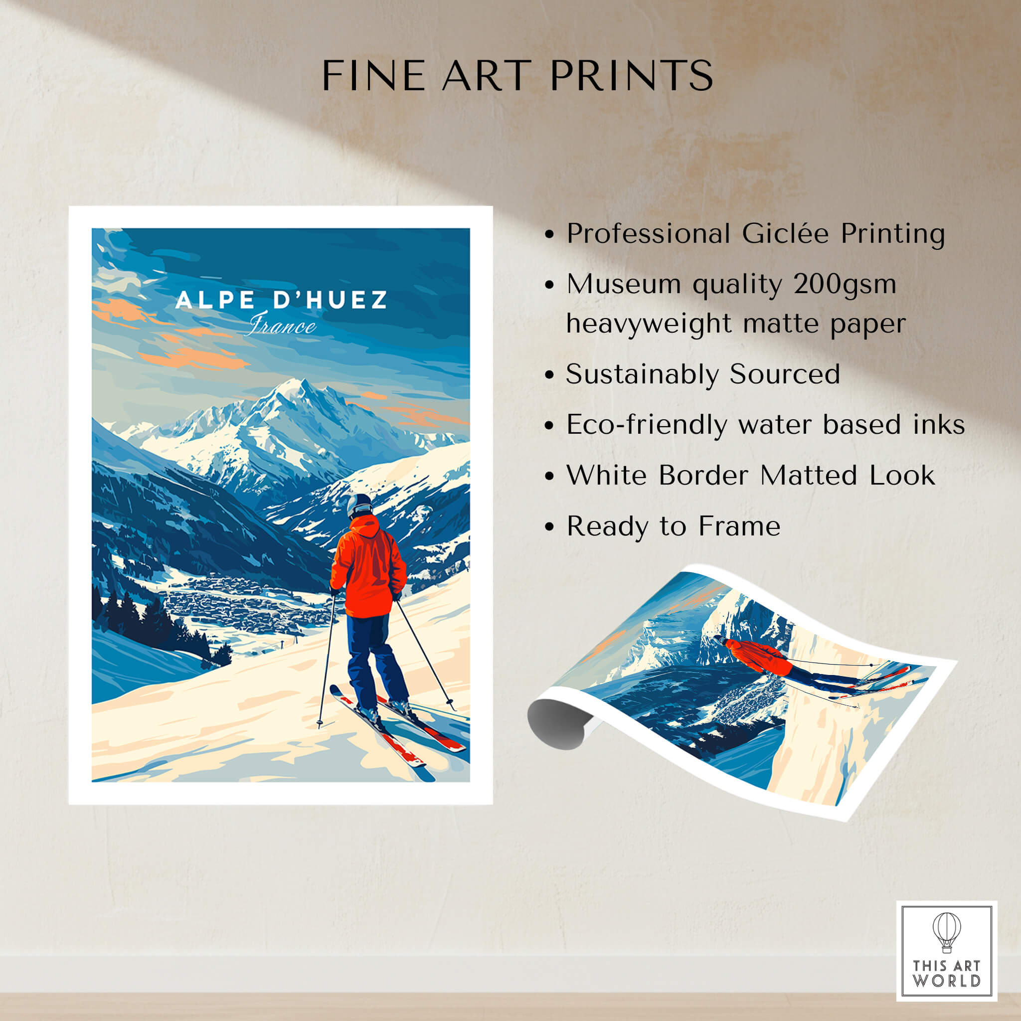 Alpe d'Huez Wall Art Ski Print featuring stunning mountain scenery and vibrant colors, perfect for ski enthusiasts.