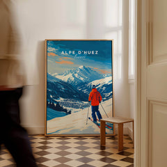 Alpe d'Huez Wall Art Ski Print featuring a skier on the slopes of Alpe d'Huez in a stylish interior setting.