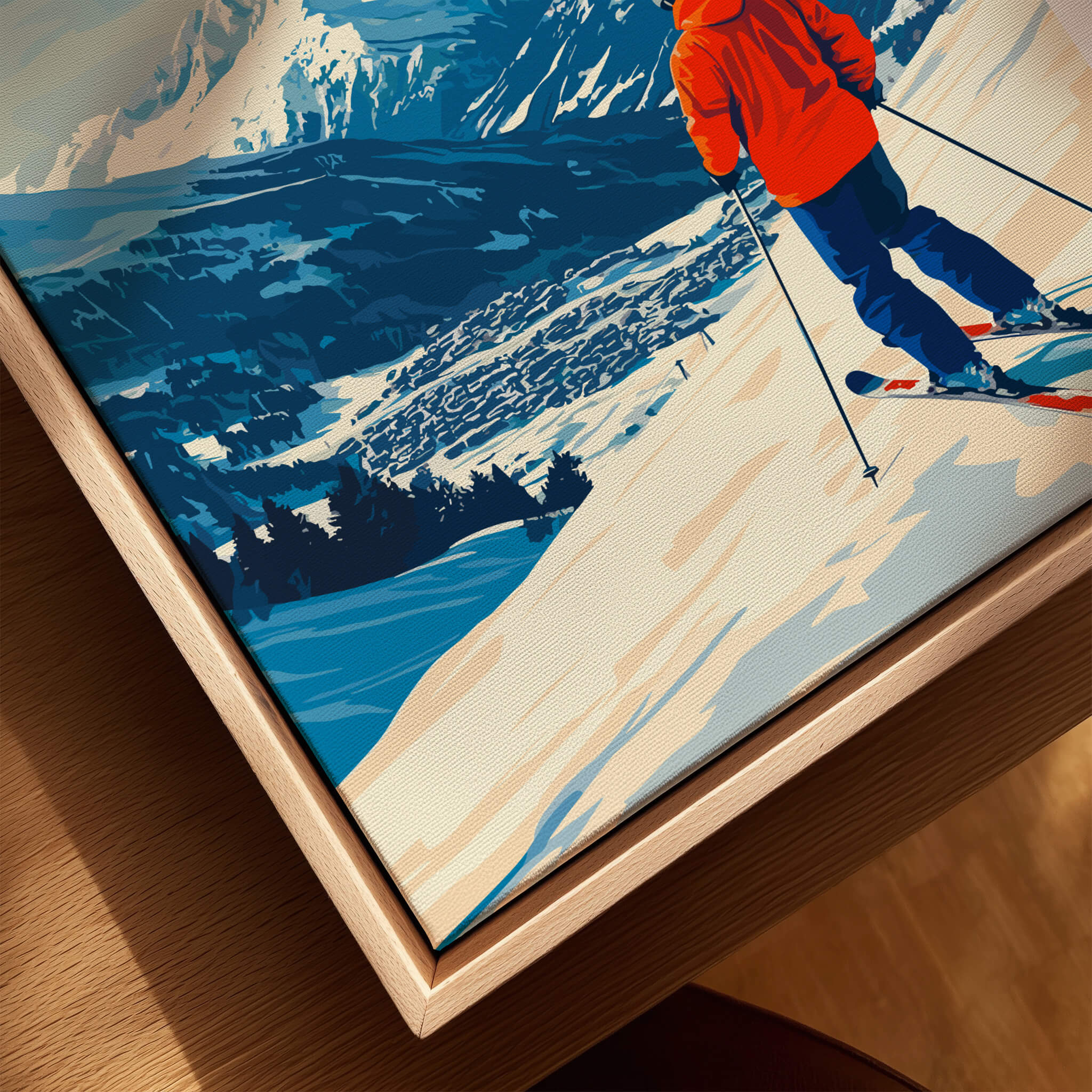 Alpe d'Huez Wall Art Ski Print featuring a skier descending vibrant slopes with stunning mountain views.