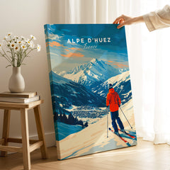 Alpe d'Huez Wall Art Ski Print showcasing a skier against stunning mountain views, perfect for ski enthusiasts.