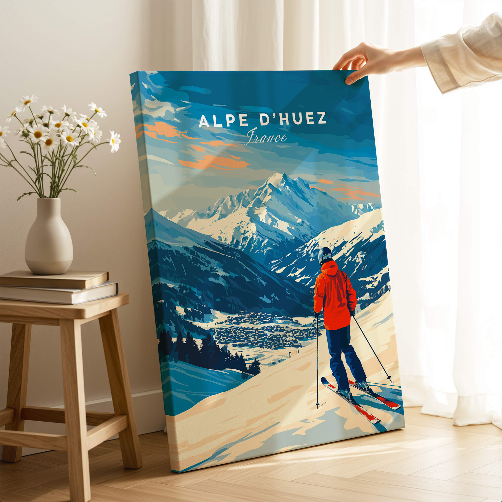 Alpe d'Huez Wall Art Ski Print showcasing a skier against stunning mountain views, perfect for ski enthusiasts.