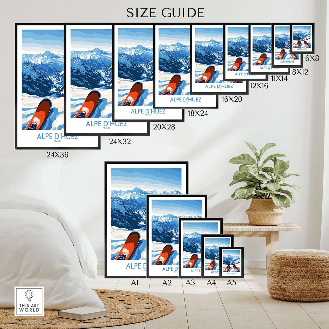 Size guide for Alpe d'Huez winter sports art print featuring various frame sizes displayed in a cozy interior setting.