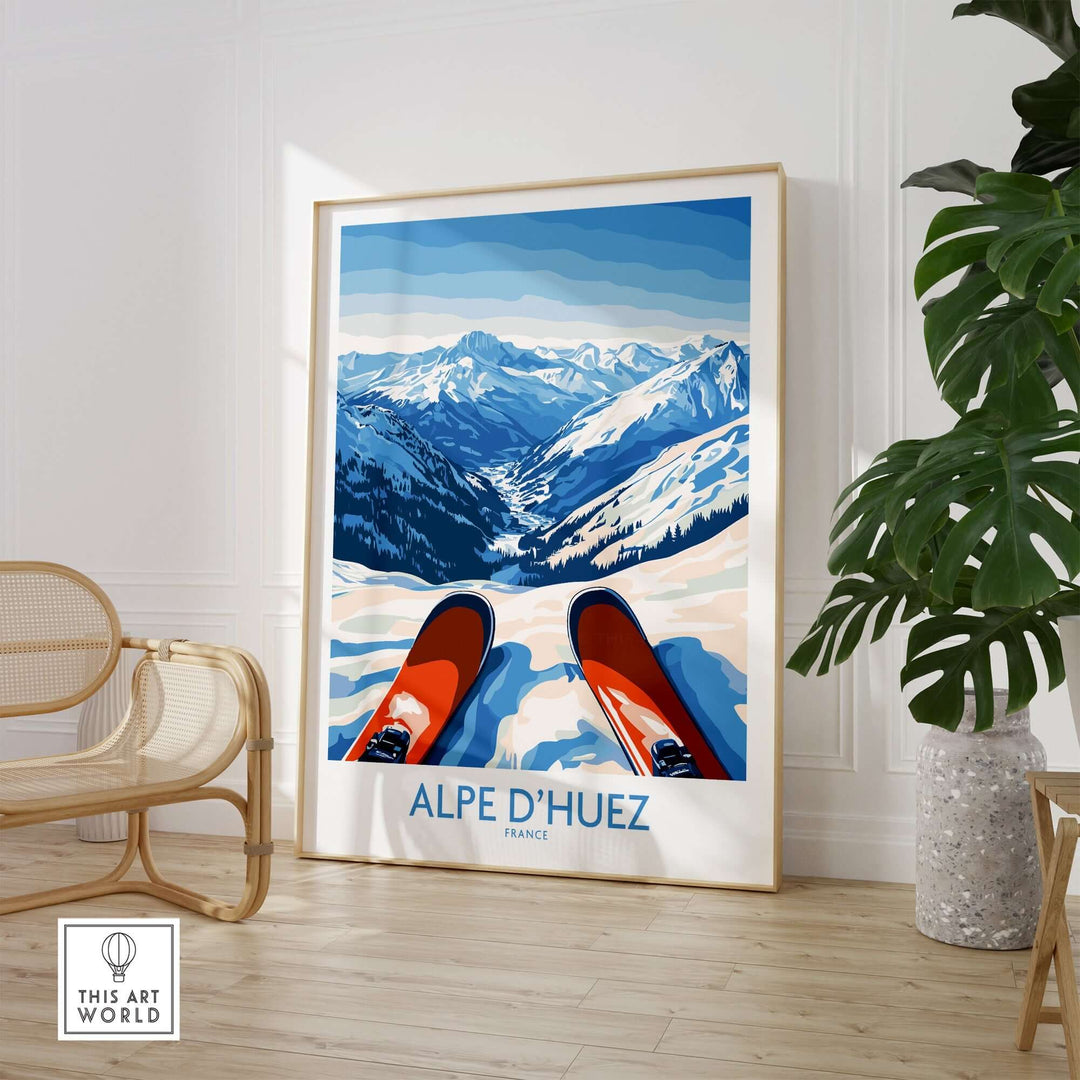 Alpe d'Huez art print showcasing winter sports, featuring skis and breathtaking mountain scenery in a stylish home setting.