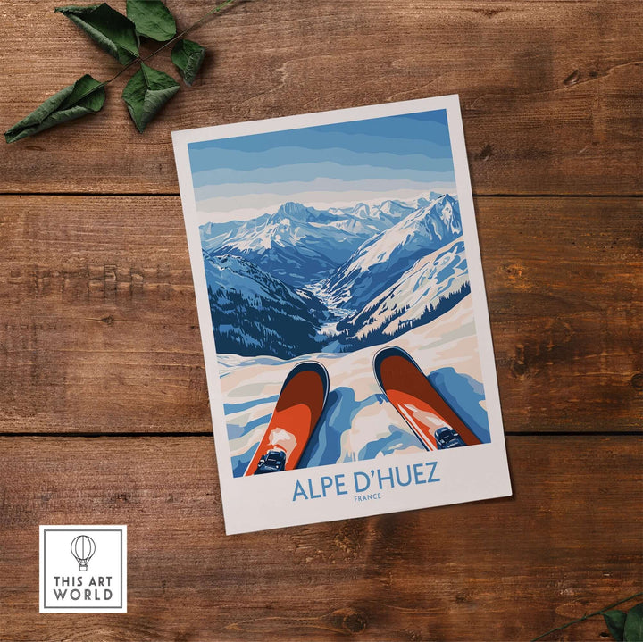 Alpe d'Huez art print featuring snow-covered mountains and ski boots, perfect for winter sports enthusiasts.