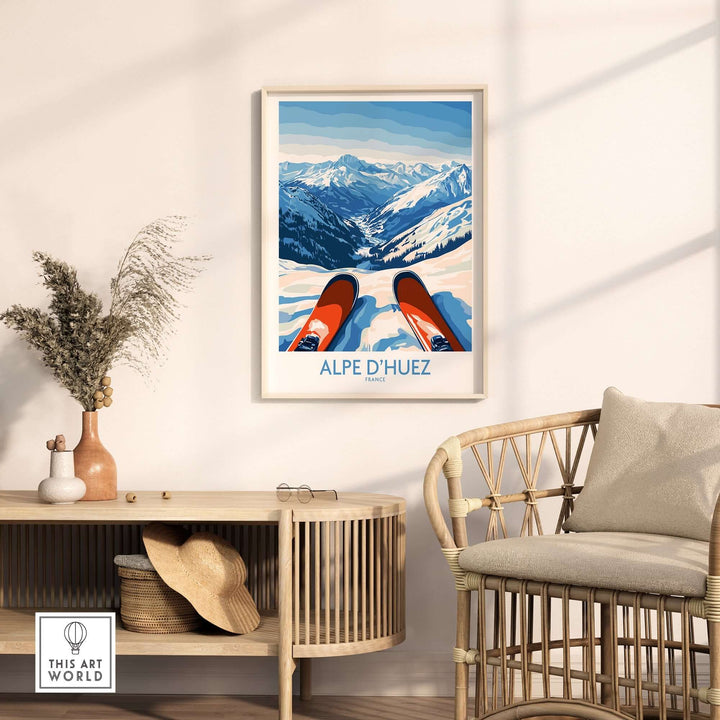 Alpe d'Huez art print featuring snowy mountains and skis, showcasing winter sports elegance in a cozy interior setting.