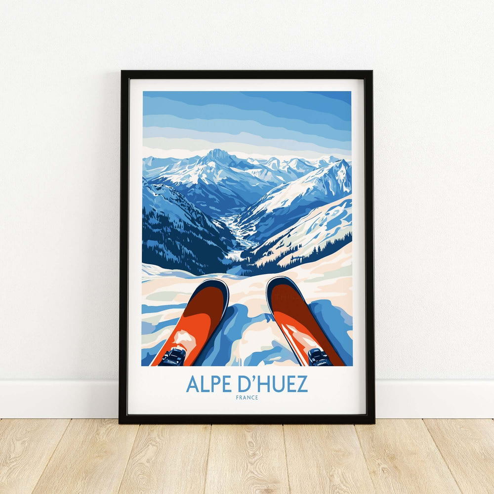 Alpe d'Huez art print featuring skis and stunning snowy mountains, capturing the essence of winter sports in France.