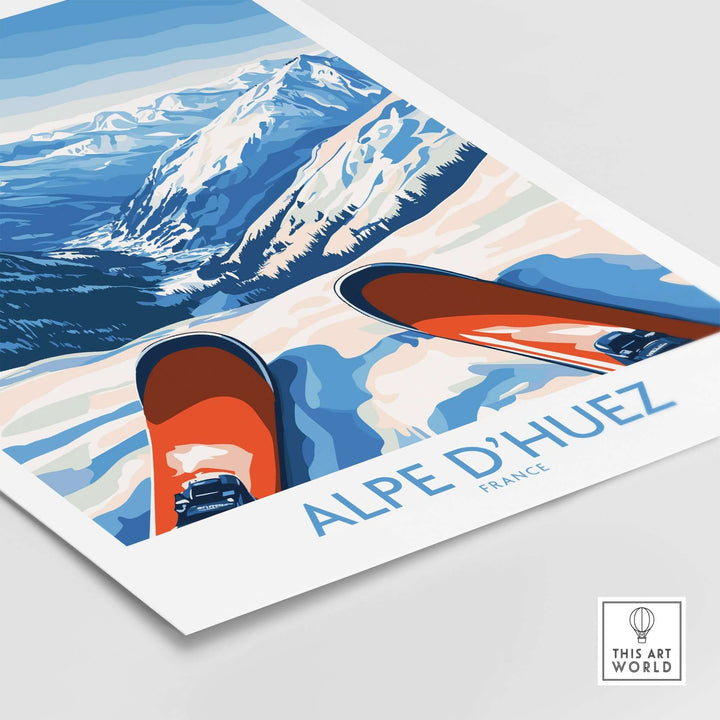 Alpe d'Huez art print depicting winter sports with mountains and skis, showcasing the beauty of the French resort.