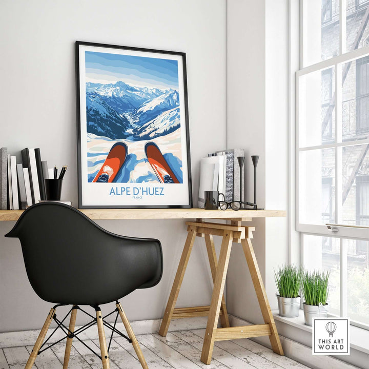 Alpe d'Huez art print showcasing winter sports, displayed in a stylish workspace with modern decor elements.