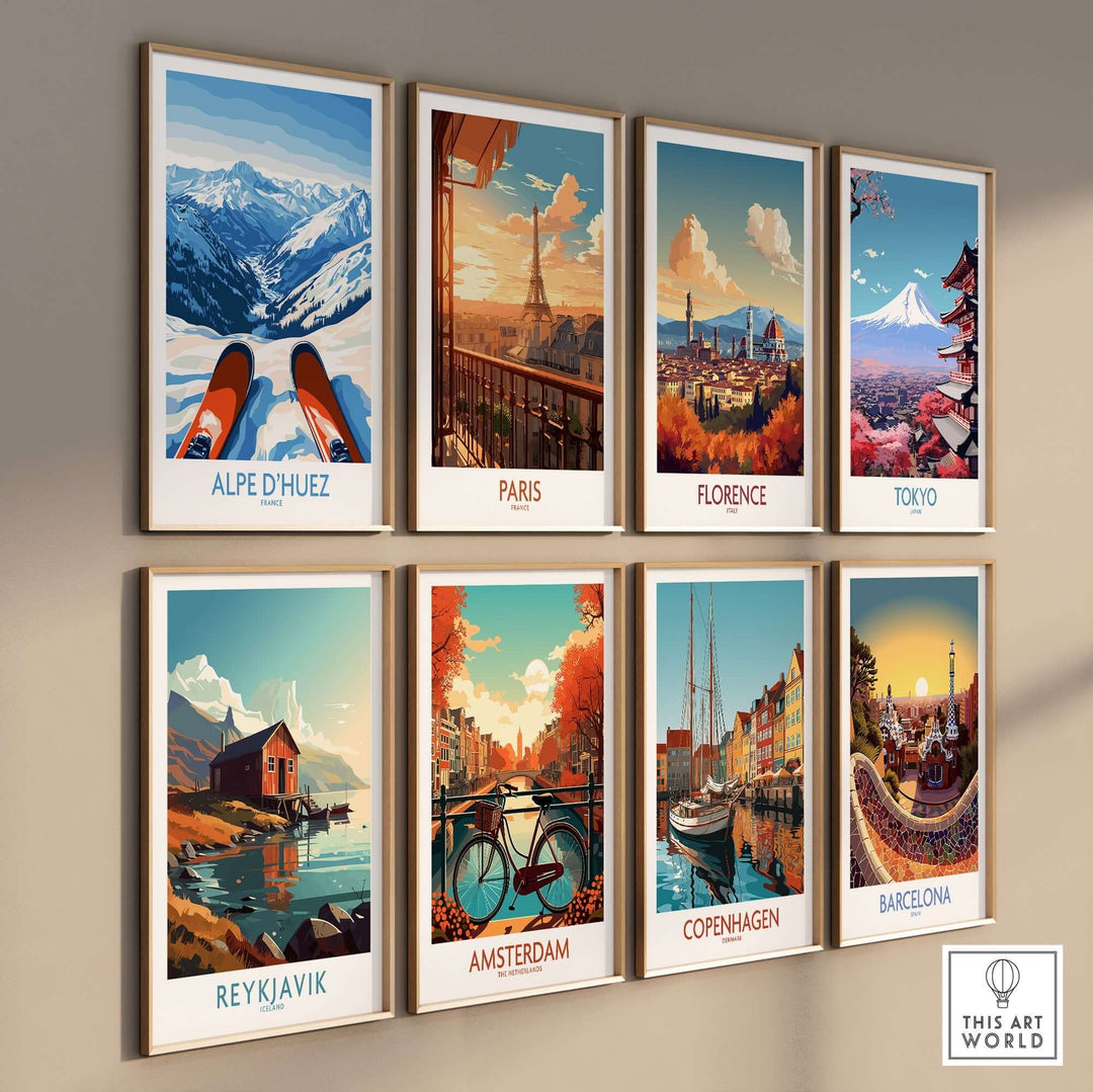 Collection of travel art prints featuring Alpe d'Huez, Paris, Florence, Tokyo, Reykjavik, Amsterdam, Copenhagen, Barcelona.