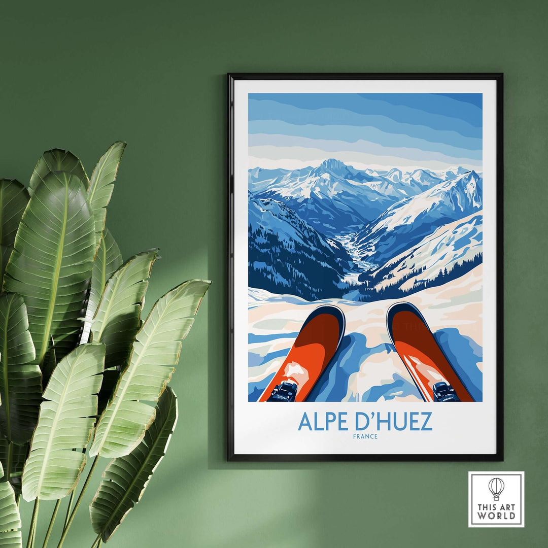 Alpe d'Huez winter sports art print featuring snowy mountains and ski equipment in a stylish frame.