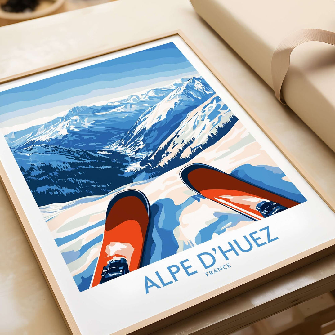 Alpe d'Huez winter sports art print featuring stunning mountain views and ski gear. Perfect decor for snow enthusiasts.