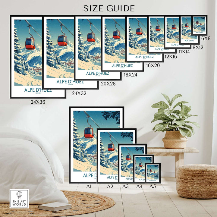 Size guide for Alpe d'Huez poster featuring various frame sizes and a beautiful mountain landscape.