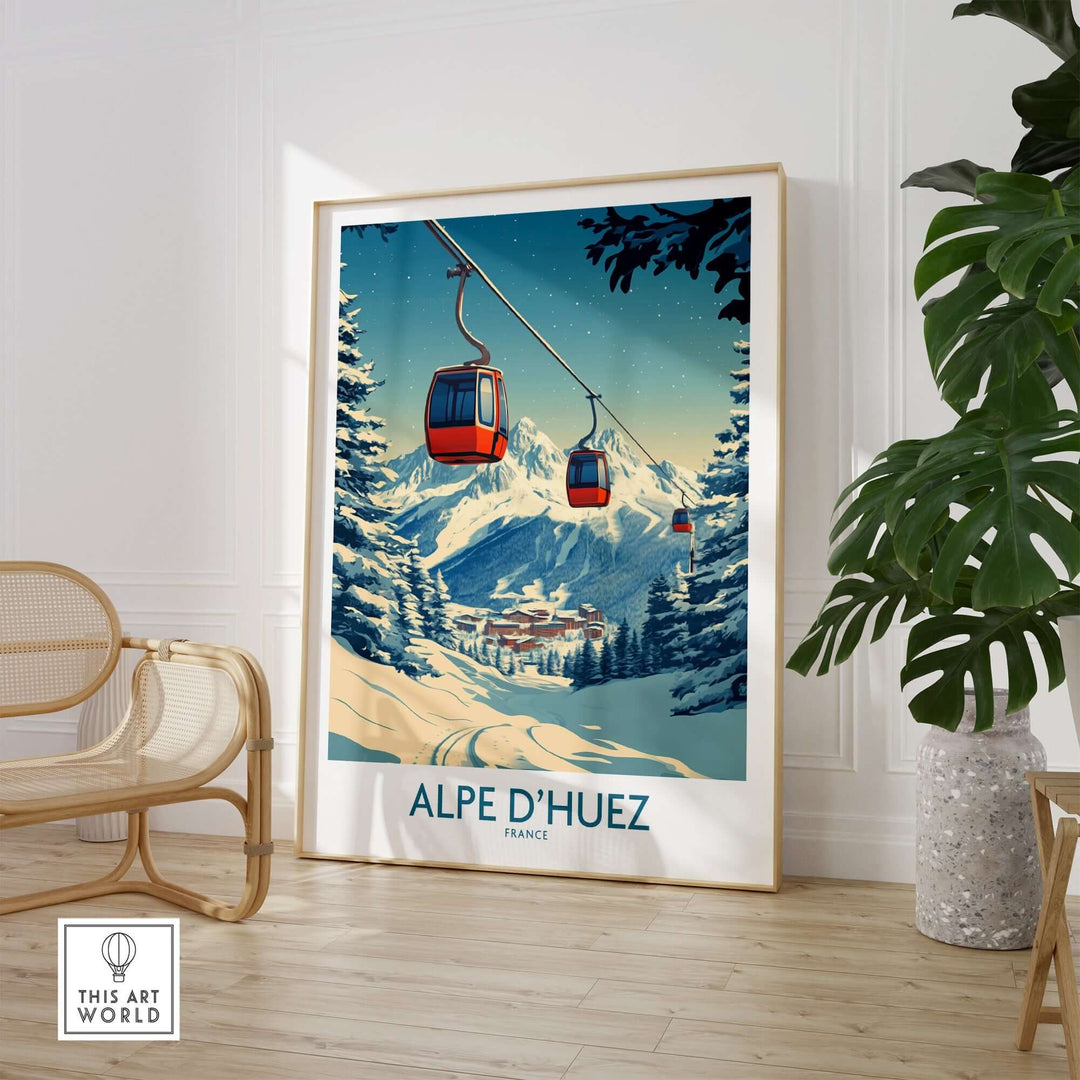 Alpe d'Huez poster featuring a scenic winter view with ski gondolas and snowy mountains in vibrant colors. Perfect for decor.