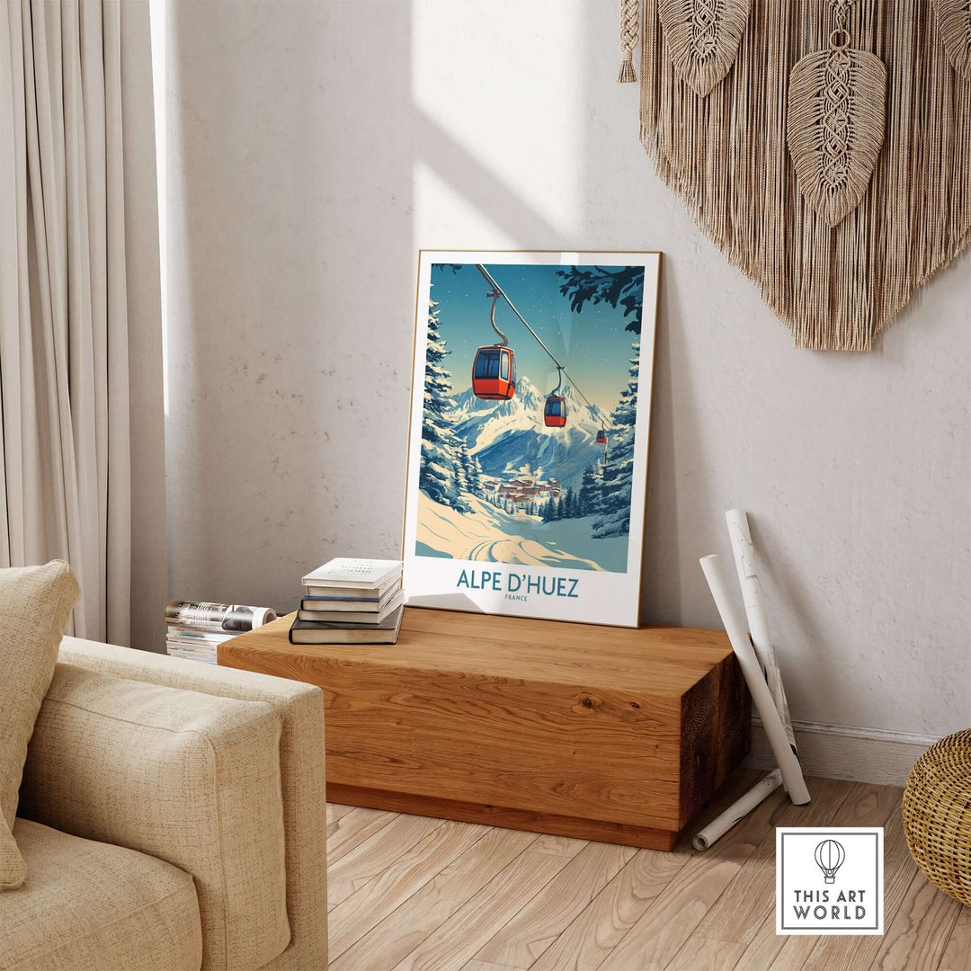 Alpe d'Huez poster displayed in a cozy living room, showcasing a scenic view of the ski area with vibrant colors.