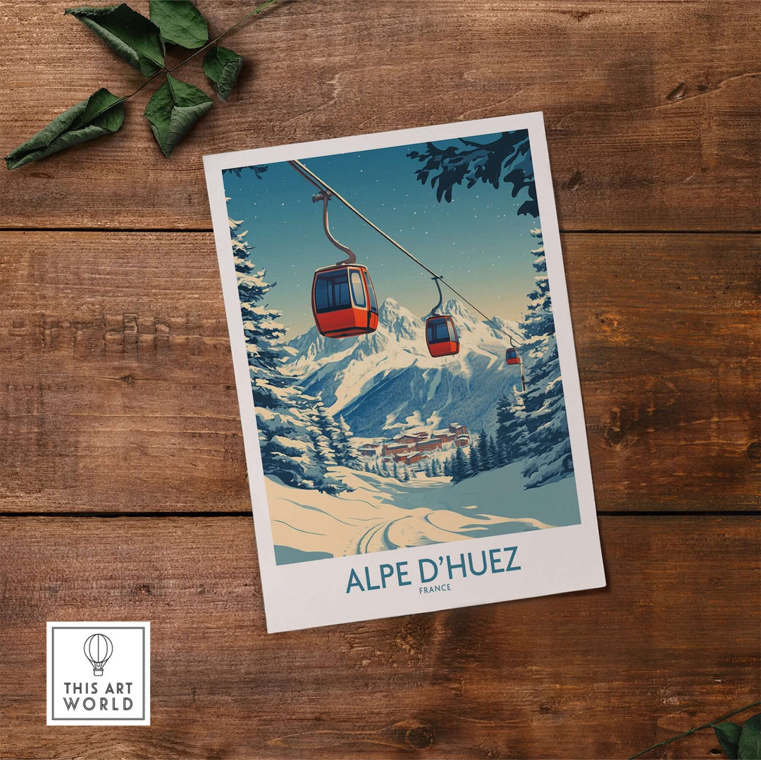 Alpe d'Huez poster featuring cable cars and snowy mountains, perfect for decor and showcasing the beauty of France.