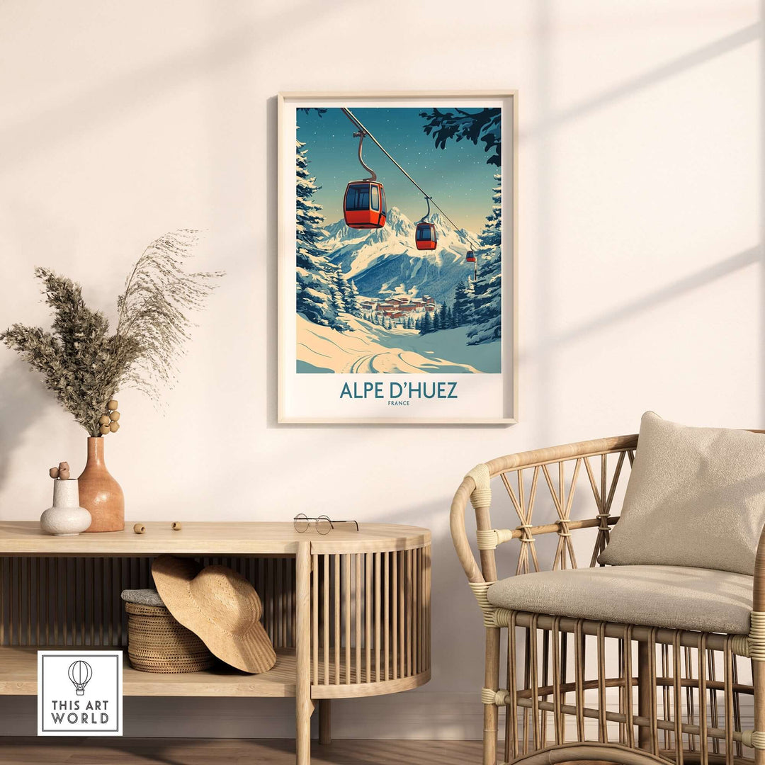 Alpe d'Huez poster featuring ski gondolas in a snowy landscape, perfect for home decor and capturing French alpine beauty.