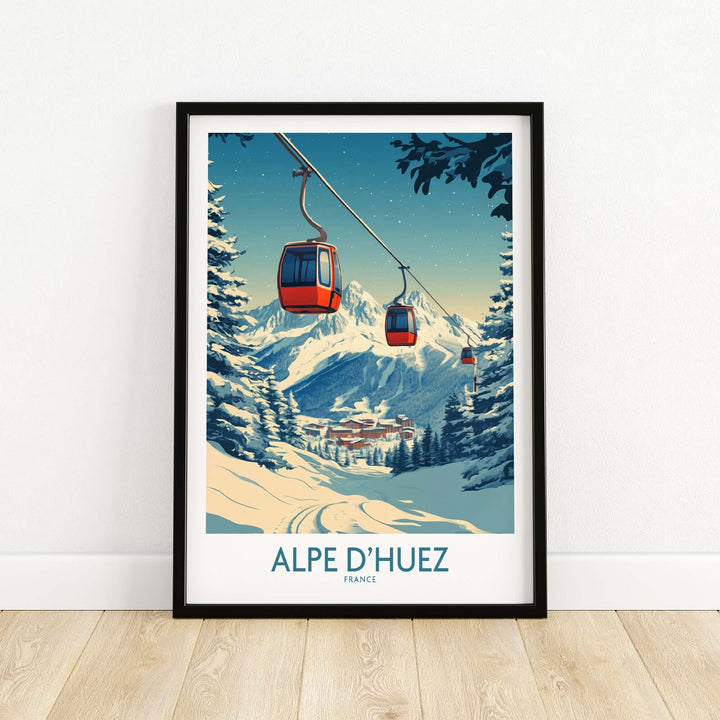 Alpe d'Huez poster featuring cable cars and snowy mountains, a vibrant depiction of France's scenic beauty.