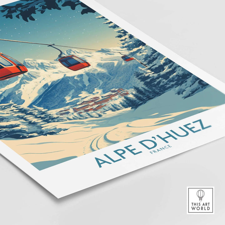 Alpe d'Huez poster featuring scenic mountain views and ski lifts, showcasing the beauty of France's alpine landscape.