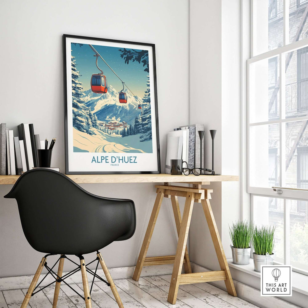 Alpe d'Huez poster displayed in a stylish home office setting, featuring vibrant colors and scenic mountain views.