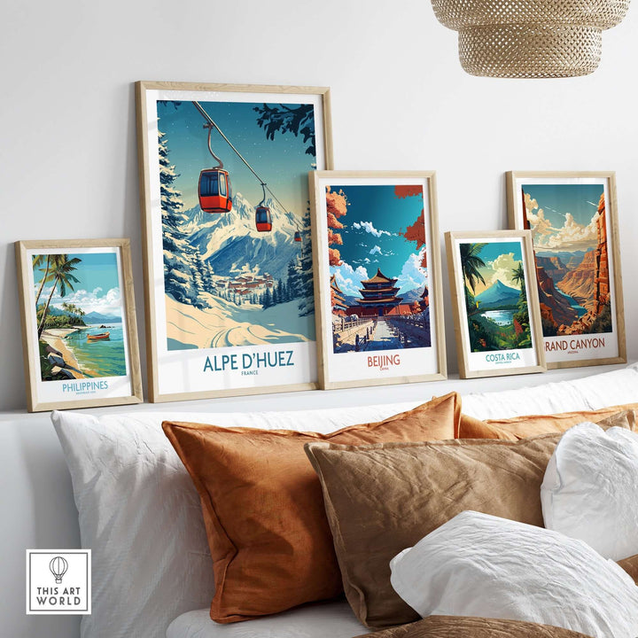 Alpe d'Huez poster displayed among travel-themed artwork on a stylish wall, showcasing vibrant landscapes and decor inspiration.