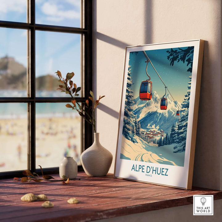 Alpe d'Huez poster displayed indoors, showcasing ski lifts and scenic mountain views, perfect for home decor inspiration.