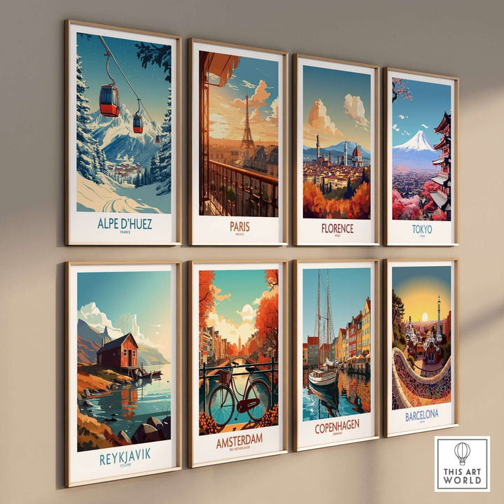 Colorful travel posters showcasing iconic cities including Alpe d'Huez, Paris, Florence, Tokyo, and more, displayed in a stylish gallery wall.