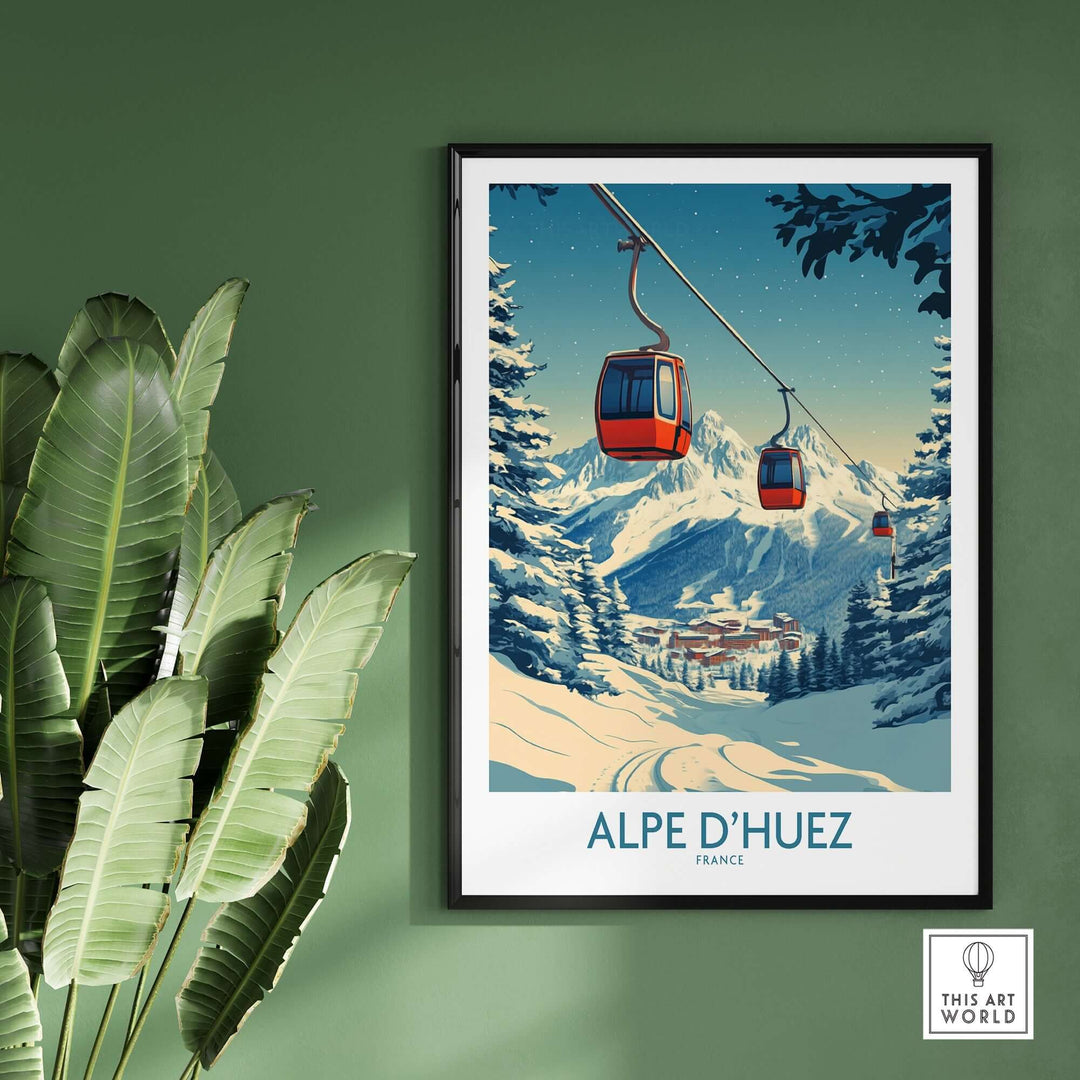 Alpe d'Huez poster showcasing ski gondolas and stunning mountain scenery, vibrant colors on green wall with plants.