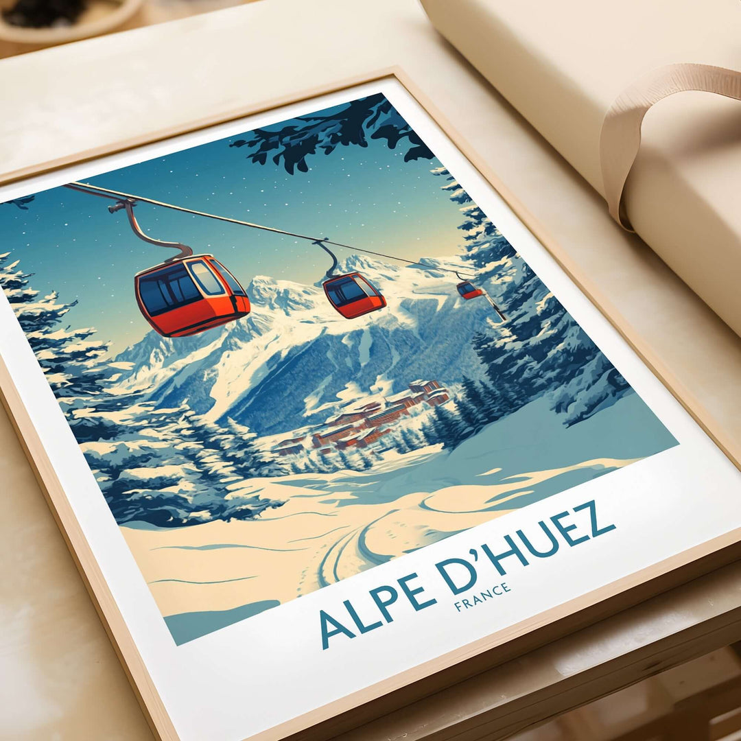 Alpe d'Huez poster featuring cable cars and snowy mountains, vibrant colors, perfect for home decor.