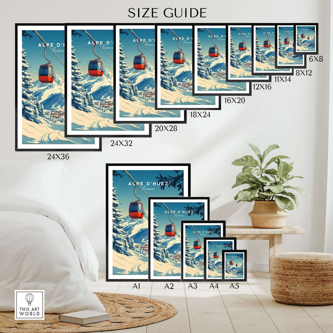 Size guide for Alpe d'Huez print showcasing various frame sizes and designs in a cozy home setting.