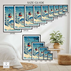 Size guide for Alpe d'Huez print showcasing various frame sizes and designs in a cozy home setting.