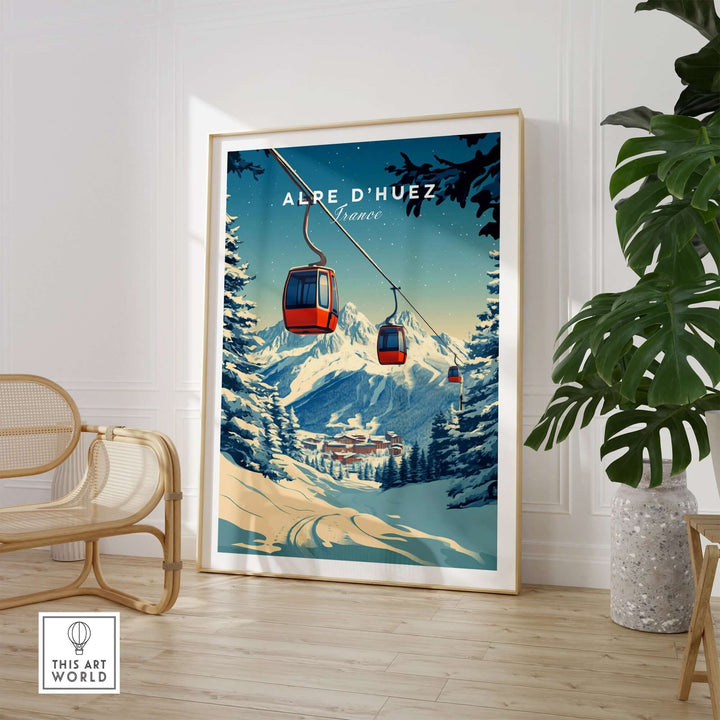 Alpe d'Huez print featuring gondolas in a snowy landscape, showcasing vibrant colors and elegant design.