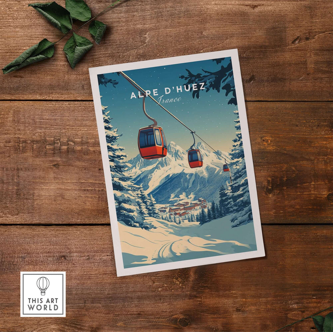 Alpe d'Huez print featuring ski gondolas and snowy mountains, capturing the beauty of France's iconic ski resort.