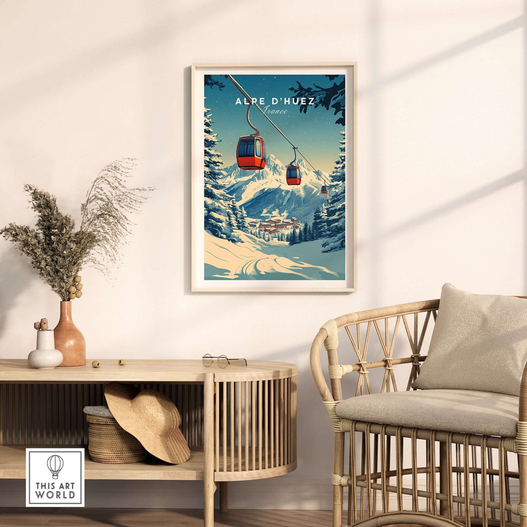 Alpe d'Huez vintage print featuring ski gondolas, framed in a cozy interior setting with elegant decor.