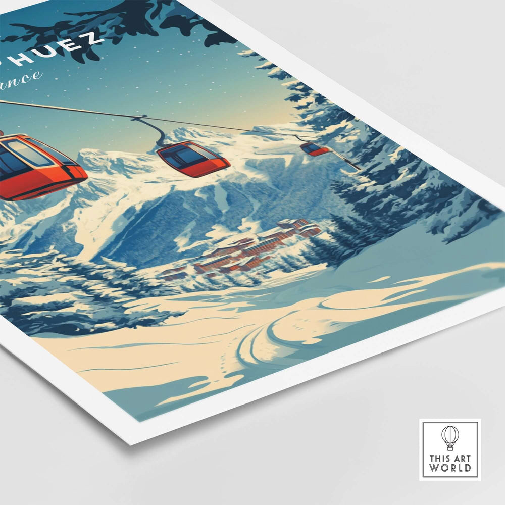 Alpe d'Huez print featuring vibrant colors, ski gondolas, and snow-covered mountains in France.