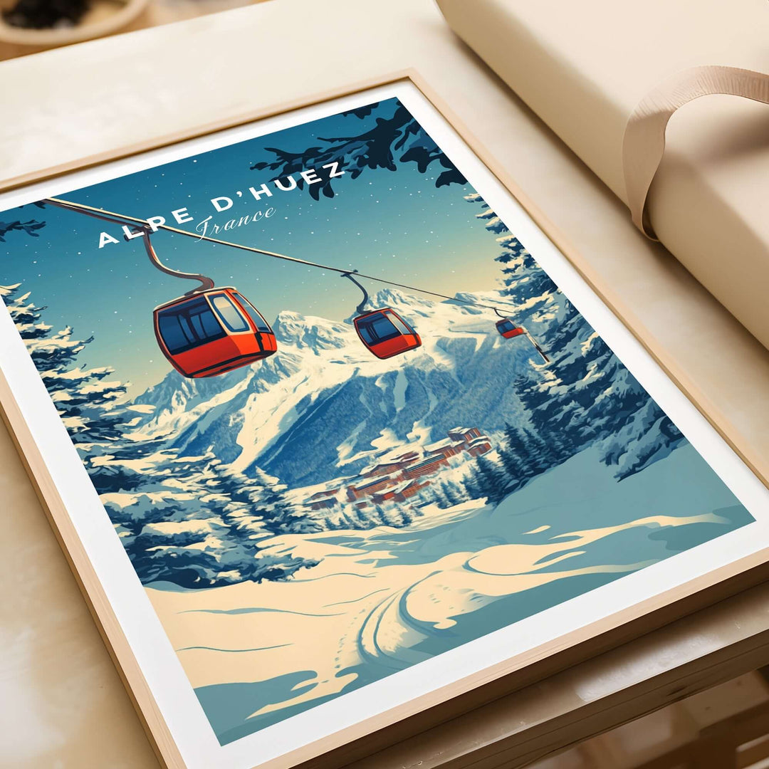 Alpe d'Huez print featuring red gondolas soaring above snowy mountains in a charming winter landscape.