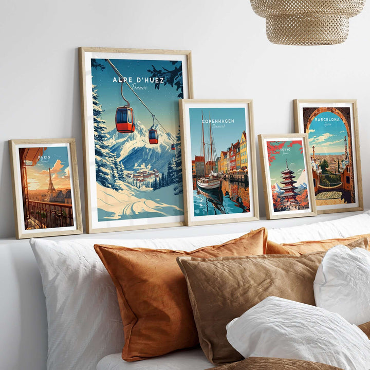 Beautiful Alpe d'Huez print displayed among framed artworks in a cozy living room setting.