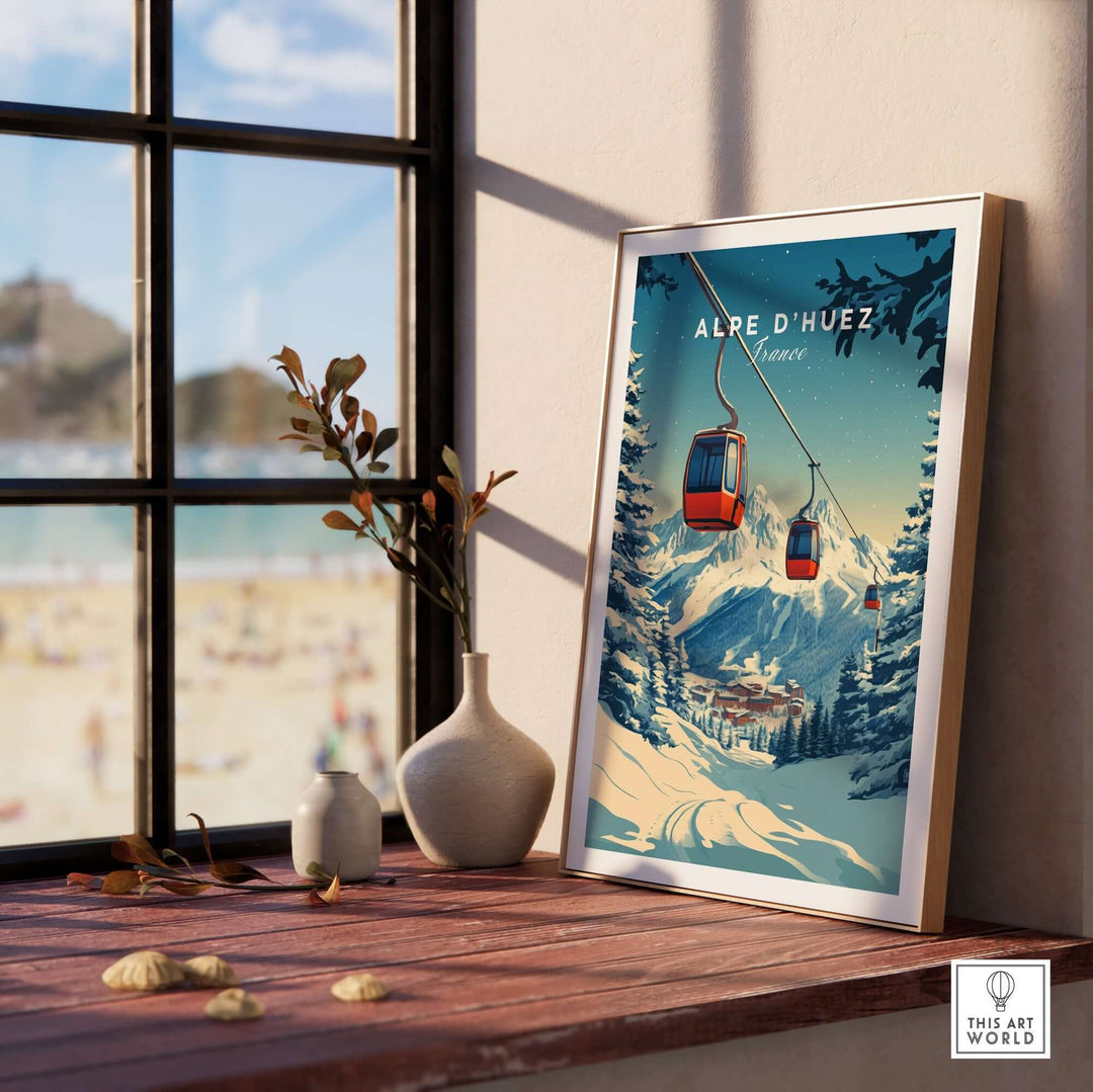 Alpe d'Huez print showcasing a scenic cable car view, perfect for home decor, adding elegance and wanderlust.