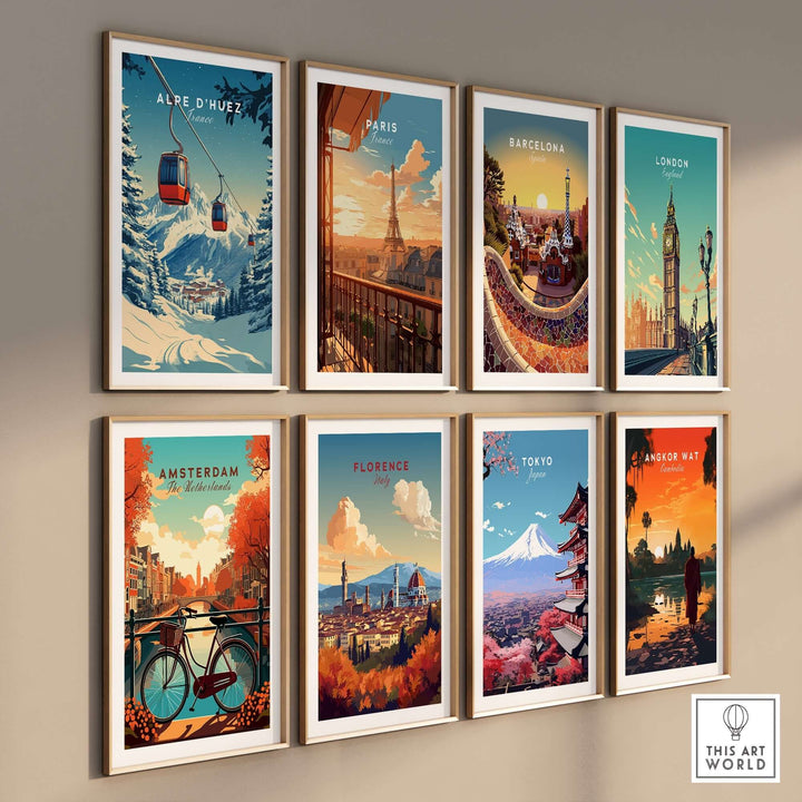 Collection of vibrant travel prints featuring Alpe d'Huez, Paris, Barcelona, London, Amsterdam, Florence, Tokyo, and Angkor Wat.