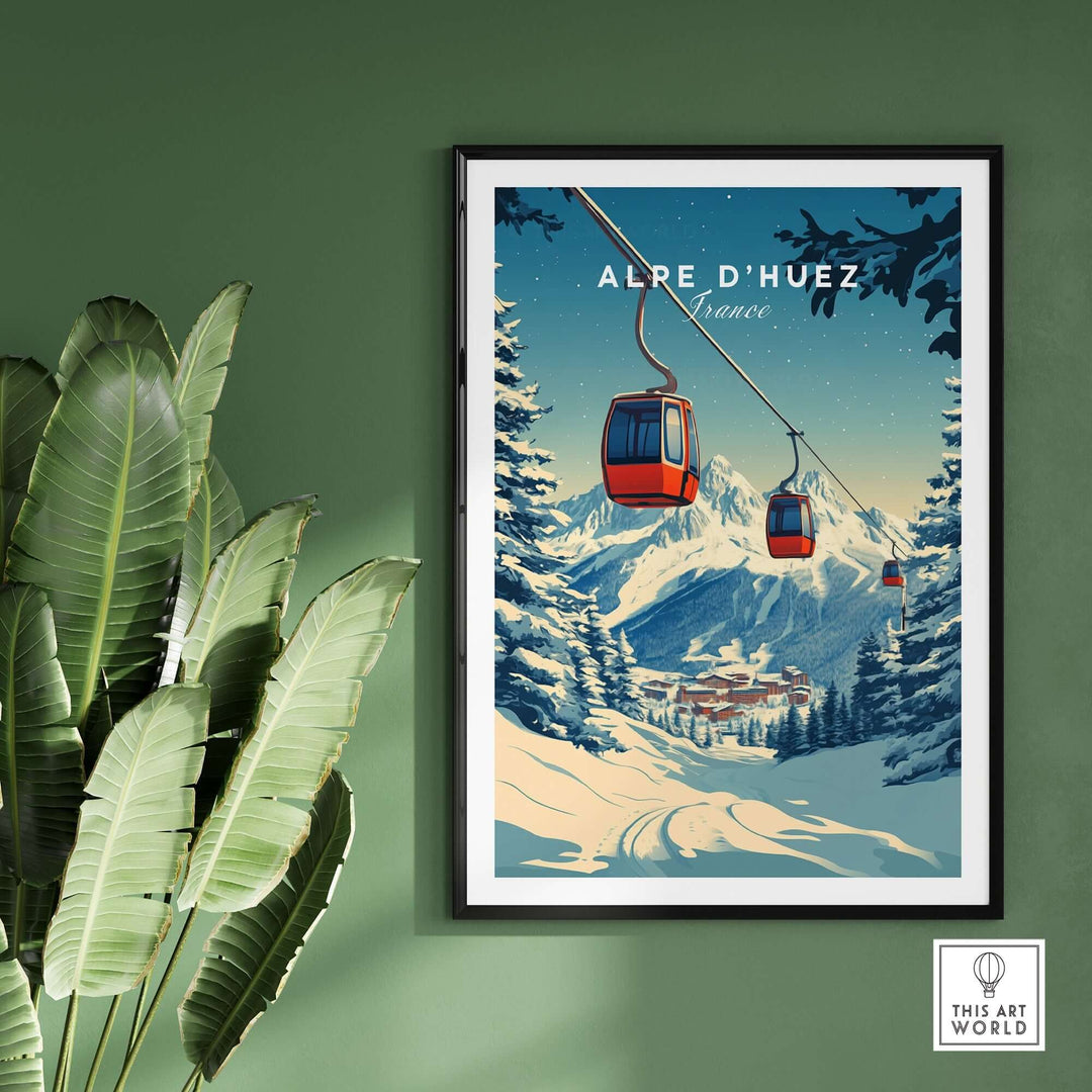 Alpe d'Huez print featuring cable cars and mountains, perfect for adding elegance to any space.